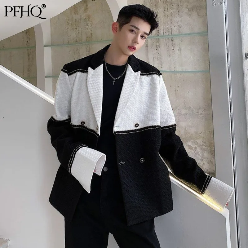 

PFHQ 2021 New Men's Fashion Loose Notched Double Row Puppet Color Matching Stitching Suit Jacket Autumn And Winter 21E148