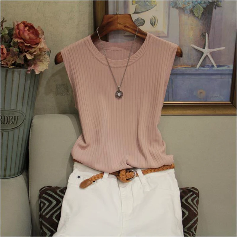 

Женский трикотажный топ с круглым вырезом, без рукавов