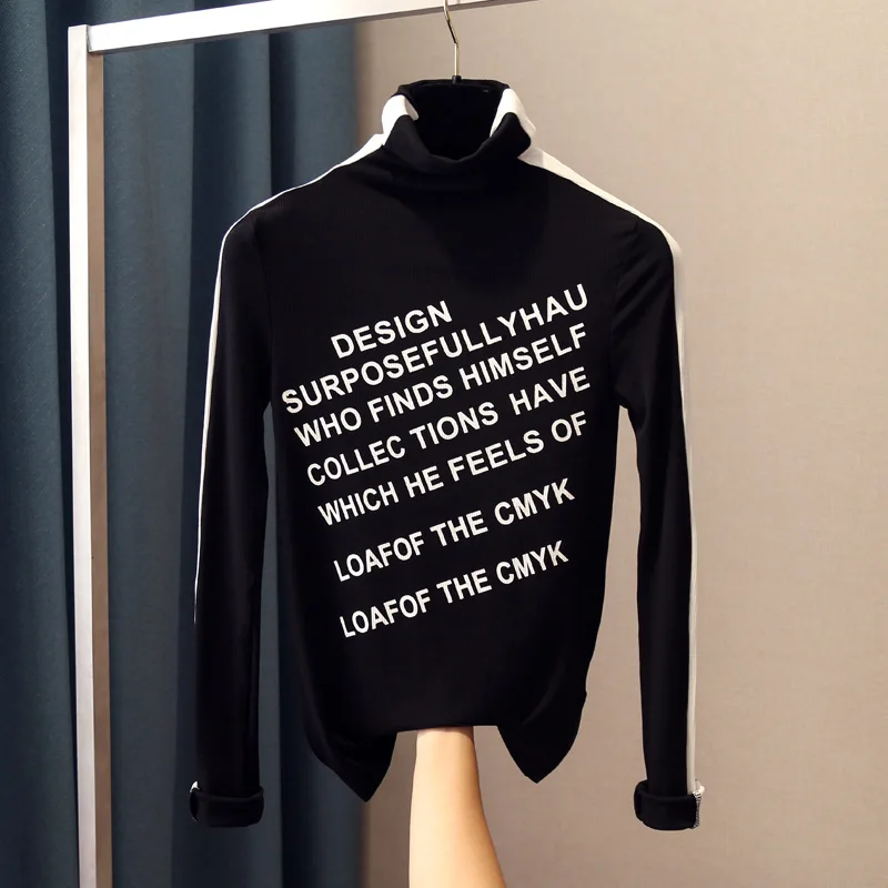 

2020 Rushed Special Offer Cotton Full Regular Korean Tumblr Women's T-shirt Joker Turtleneck Letter Slim Sleeve Bottoming Shirt