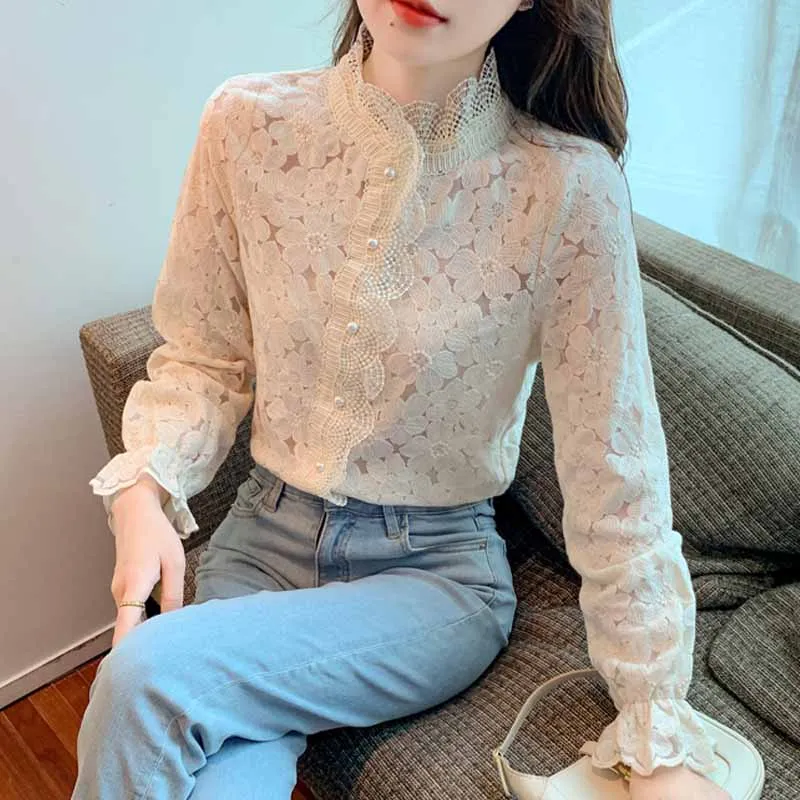 

Sweet Flowers Tops Autumn 2021 Long Sleeve Elegant Hollow Out Lace Blouse Blusas New Half-high Collar Lace Bottoming Shirt 16986