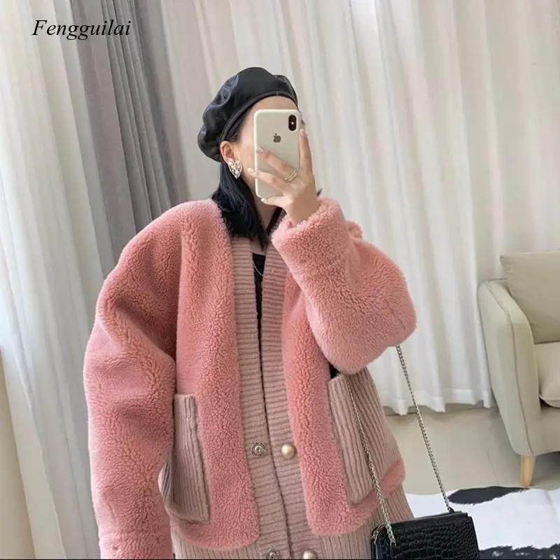 Women Winter Lambswool Coats Vintage Female Korean Loose Thick Single Breasted Cardigans Casual Lady Warm Faux Fur Outwears