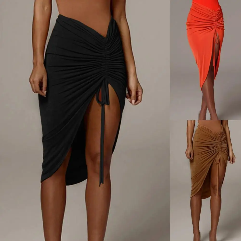 

Breathable Casual High Waist Shirring Skirt Comfy Bodycon Skirt High Split for Beach