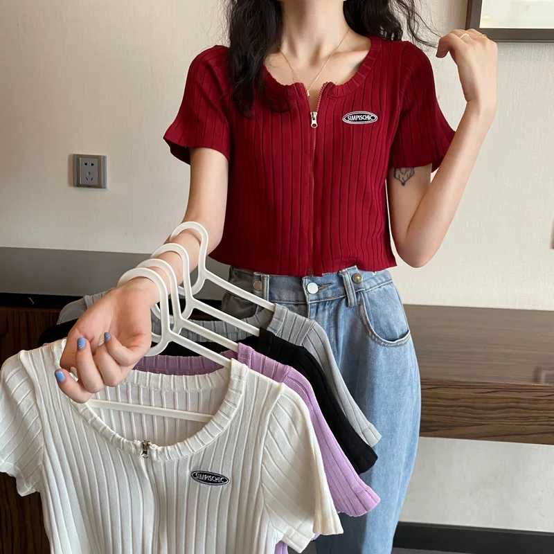 Women Summer Up Knitted Crop Top Female Casual Skinny Tank Tops Tees O-neck Slim T-shirts Stripes Hem Short Sleeve Crop Tees