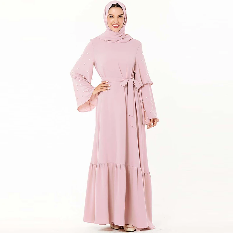 Мусульманское платье средней Восточной моды бисером пояс расклешенный рукав