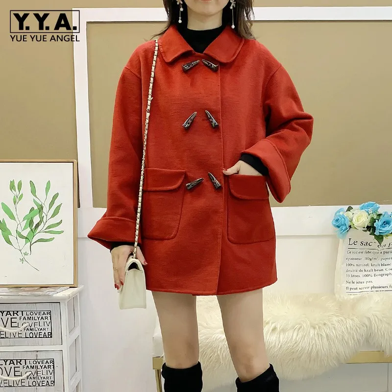 

Женское зимнее пальто на пуговицах, элегантное шерстяное пальто с длинным рукавом и высокой талией, модное офисное пальто винного цвета с к...