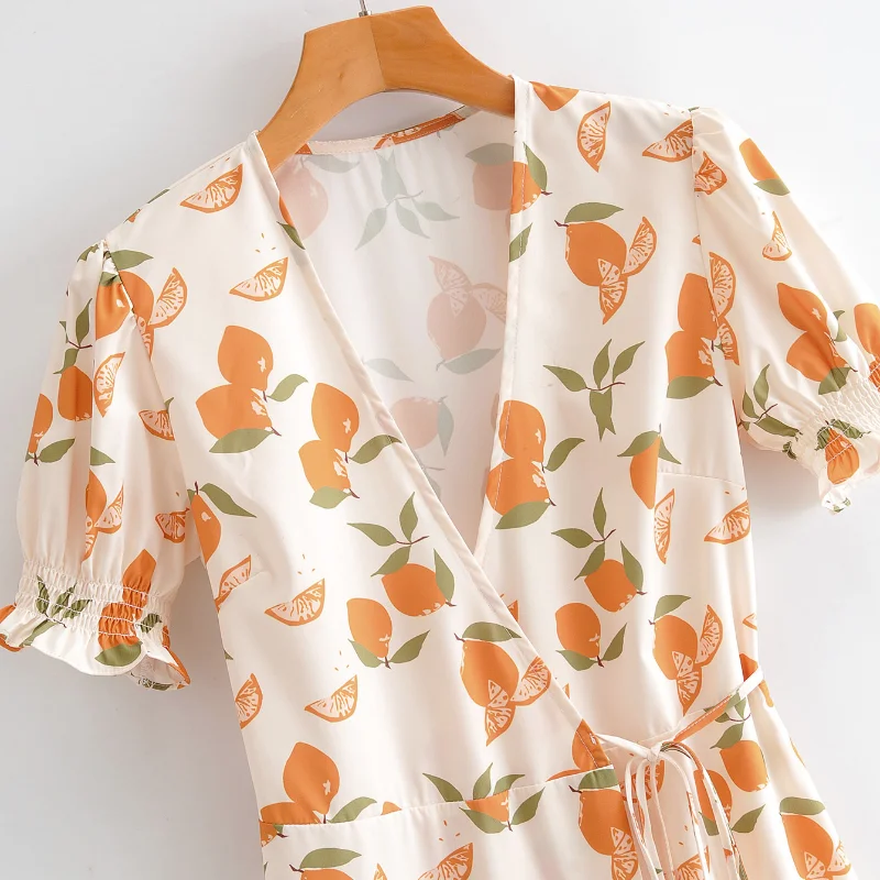 

MIOJIOTAXX 2021 Summer New Euro American French Print Lemon Print Wrap Dress Fresh and Sweet Knee Length Skirt Girlish