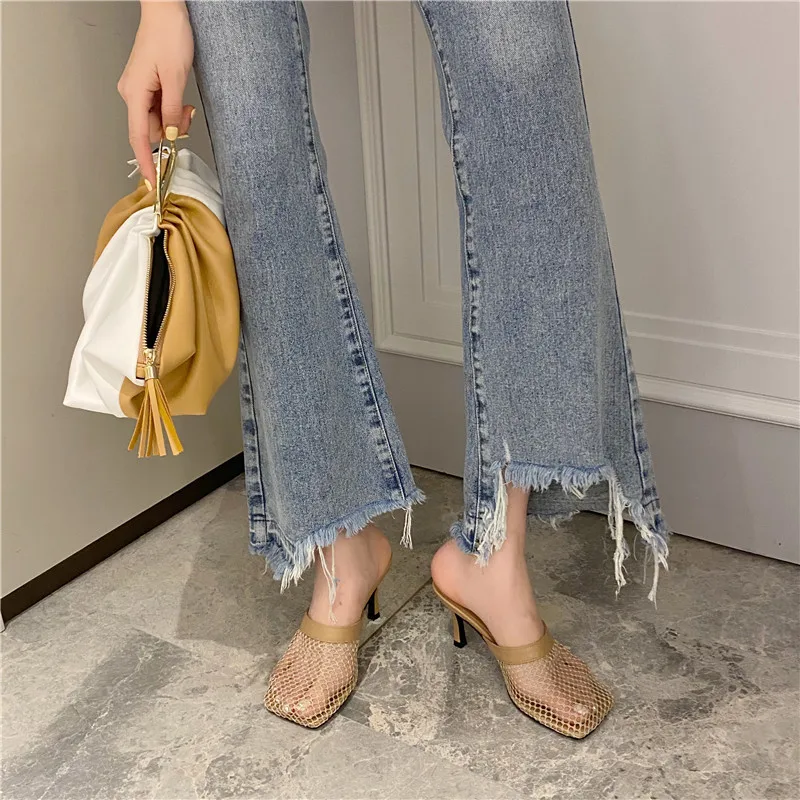 Летние женские туфли без задника Дизайнерские на высоком каблуке с вырезами