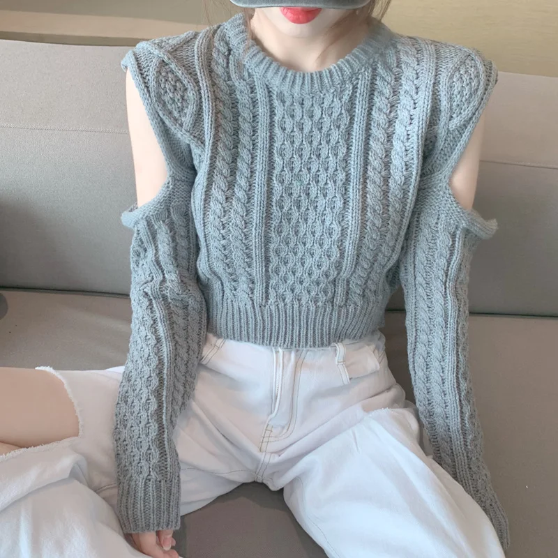 

White Hollow Off The Shoulder Tops for Women Autumn Winter New Korean Fashion Clothing Slim Long Sleeve Knitted Sweater Crop Top
