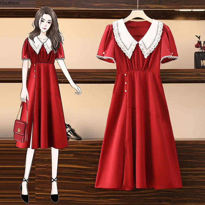 

Houthion Women Dresses Chiffon Midi Dress Bosmia New Korean Casual Fashion Draw Back Solid Dresse Mid-Calf A-LINE