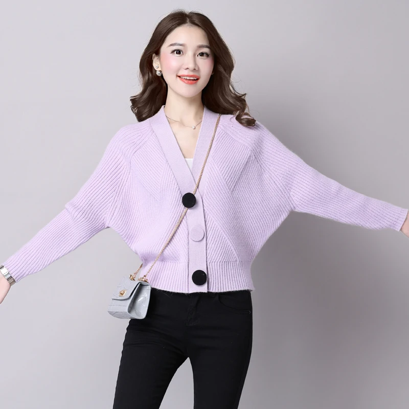 

New Spring and Autumn Knitwear Women's Cardigan Short Loose Korean-Style Long-Sleeved V-neck All-match Solid Color Sweater