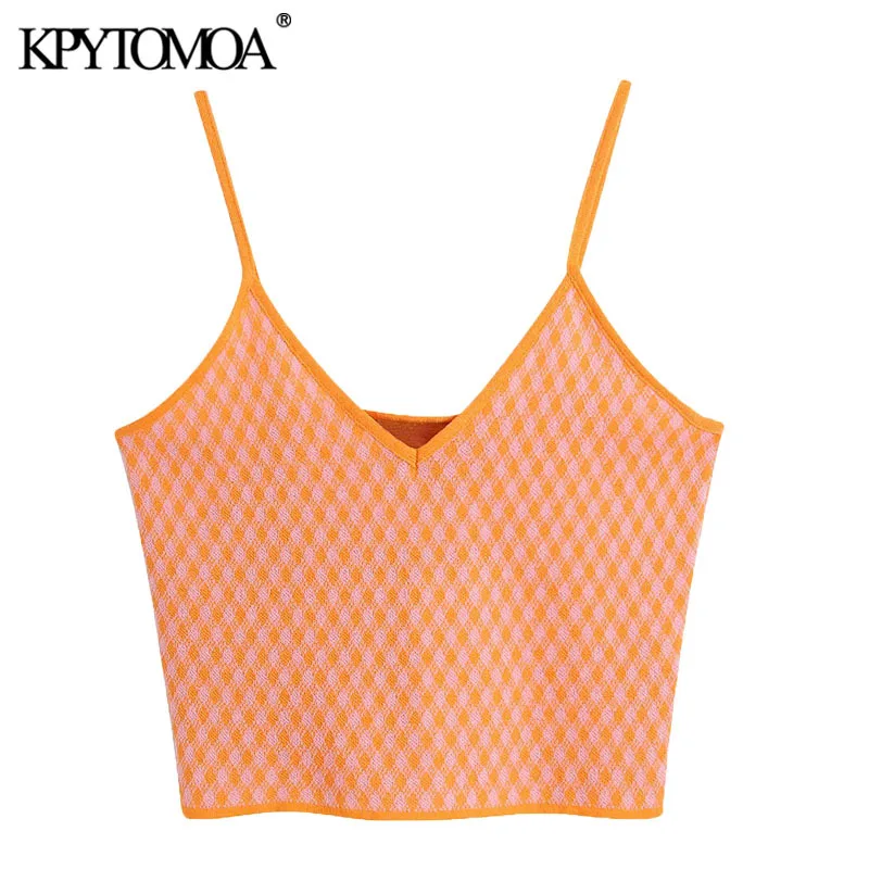 

KPYTOMOA Women 2021 Sweet Fashion Check Knit Cropped Tank Tops Vintage Backless Thin Straps Female Camis Mujer