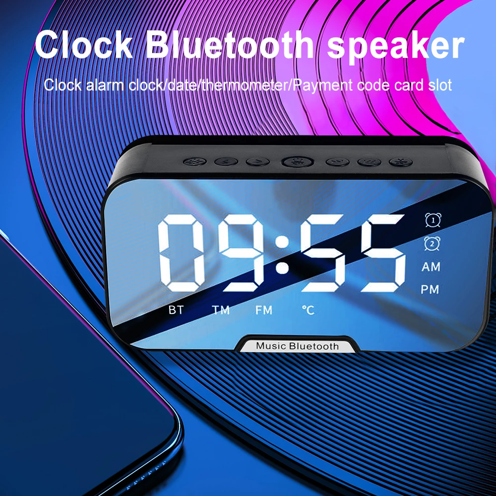 

Портативный беспроводной Bluetooth-динамик громкой связи, Bluetooth-динамик с FM-радио, светодиодный зеркальный будильник, музыкальный плеер, настол...
