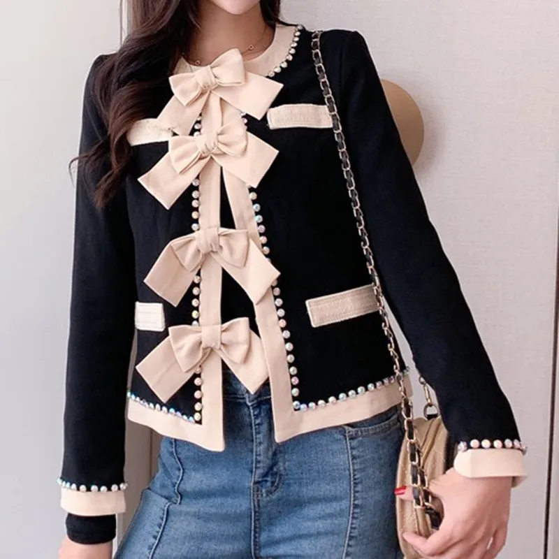 

Куртка ZAWFL Женская шерстяная короткая с длинным рукавом и круглым вырезом, модный пиджак черного цвета с бантом и бусинами, осень 2021