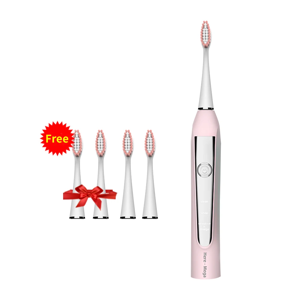 606 pink 5heads HERE-MEGA электрическая звуковая зубная щетка USB перезаряжаемая электронная автоматическая Очищающая щетка головка ультра звуковая отбеливающая зубная щетка для взрослых - Цвет: 606 pink 5heads