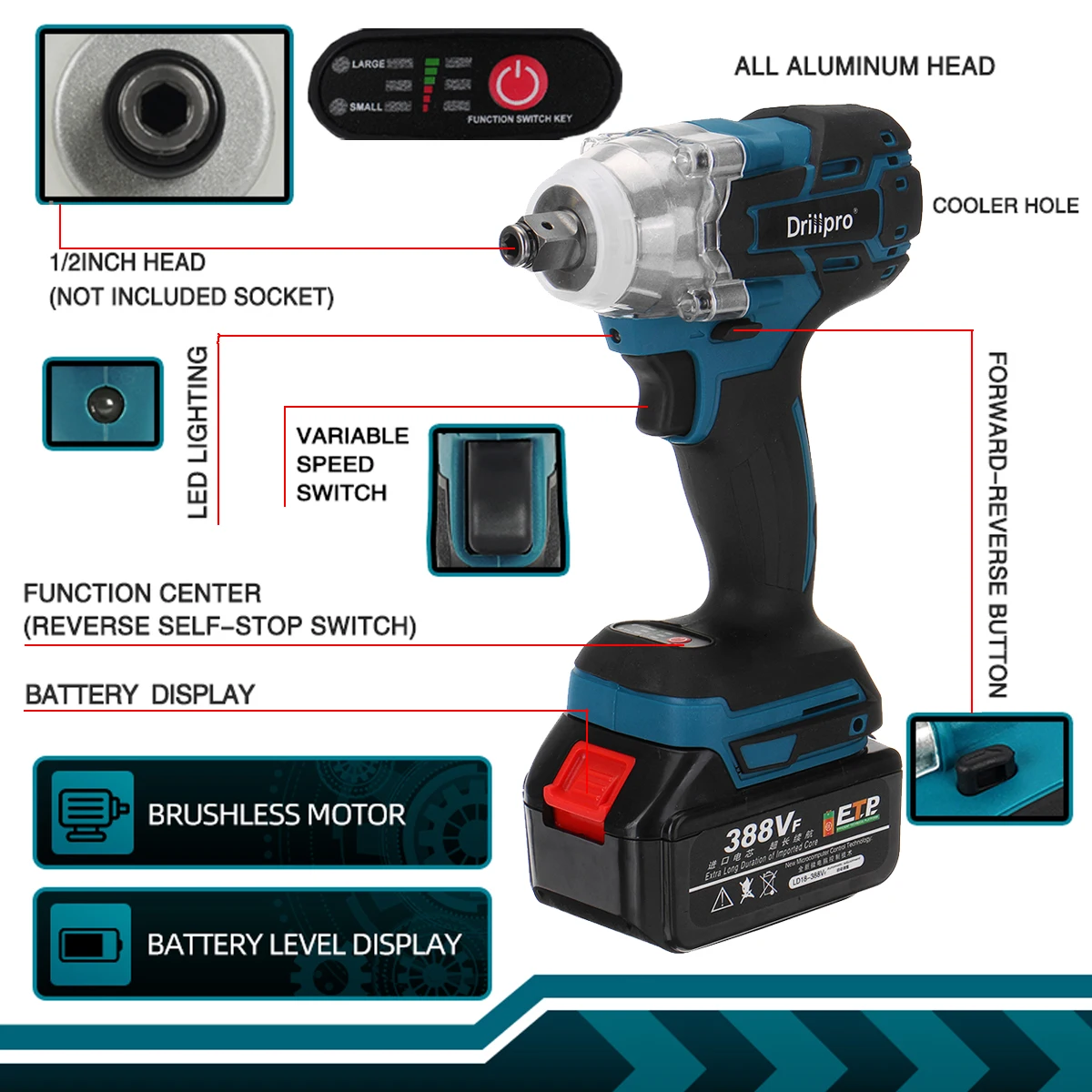 Drillpro-llave de impacto eléctrica sin escobillas 388vf, herramienta eléctrica de 1/2 pulgadas para el hogar, batería de litio de 15000AMH para batería Makita de 18V