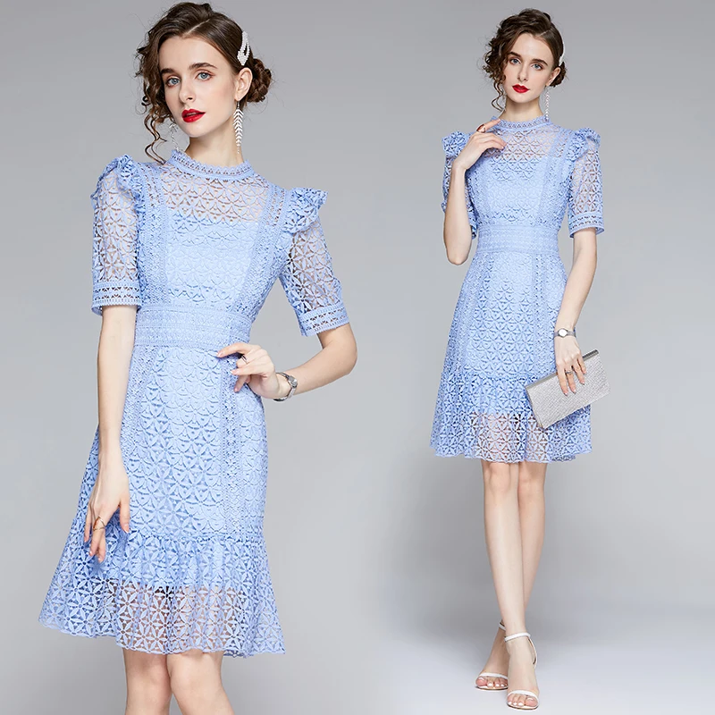 

Elegant Lace Dress Womens Vintage High Waist Summer Vestidos Ruffle Leaf Slim Dresses Evening Party Ball Gown Women