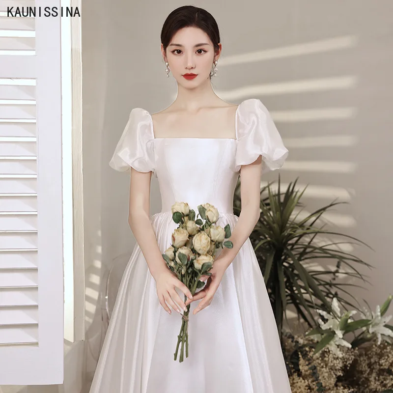 

KAUNISSINA Simple A Line Wedding Dresses Puff Sleeve Square Collar Satin Wedding Bridal Gowns Women Floor-Length Bride Dress