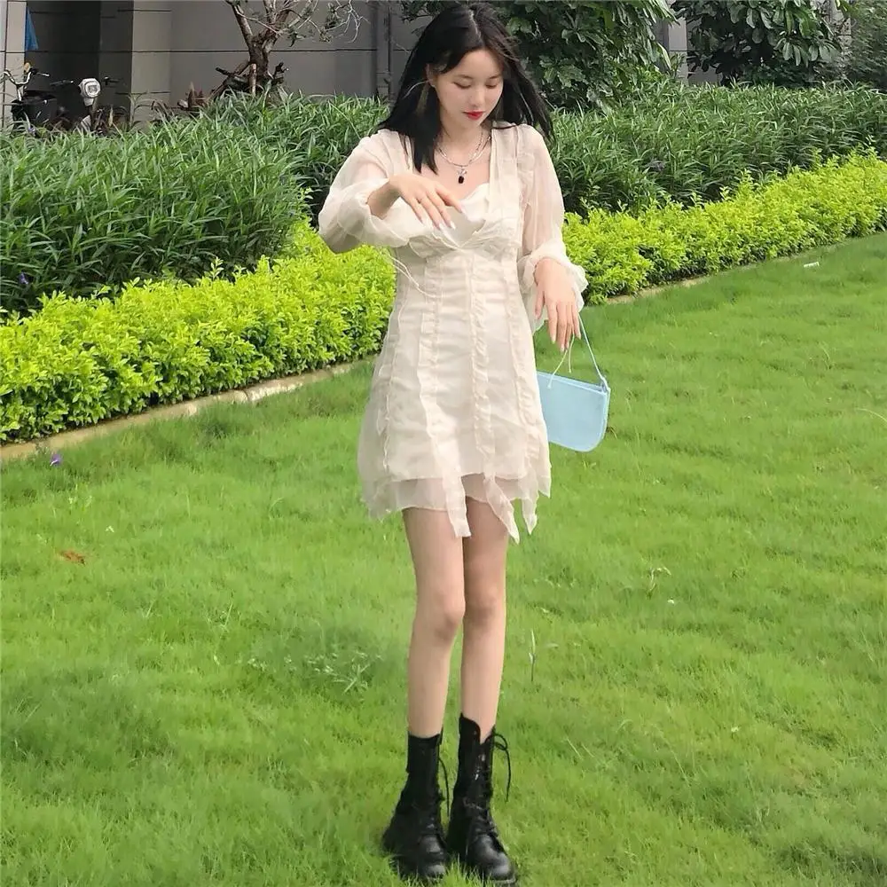 

Autumn 2020 new women's dress, Japanese and Korean Chiffon perspective two piece Ruffle Long Sleeve Dress