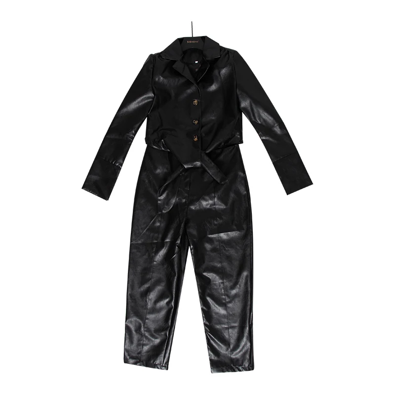 TWOTWINSTYLE бант из искусственной кожи женские Комбинезоны воротник с лацканами длинный рукав высокая талия комбинезон со шнуровкой Женская мода Новинка