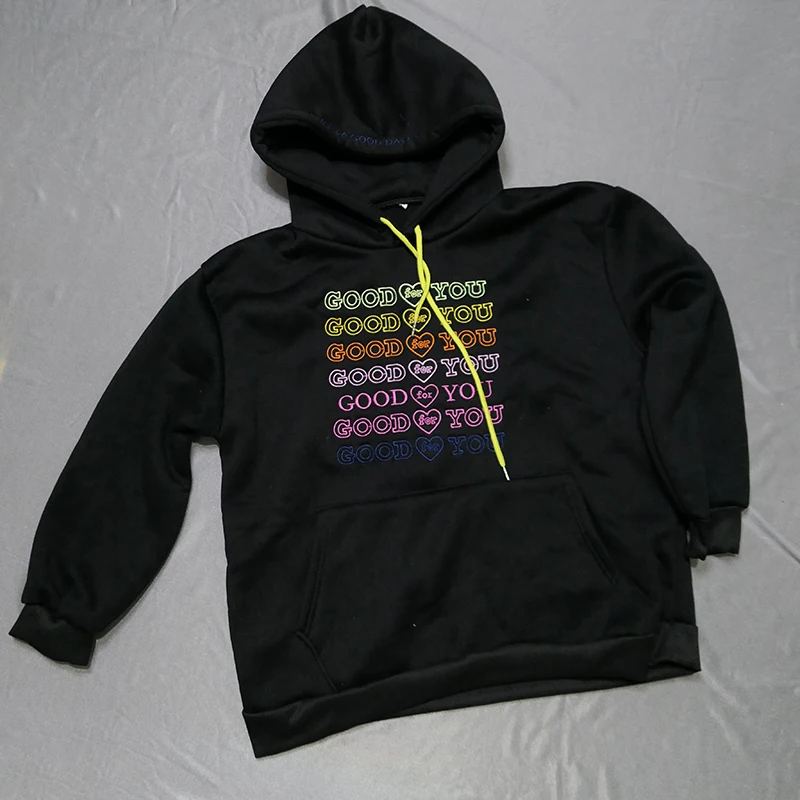 

Cute Embroidery Letter Hoodies Sweatshirt Women Neon Color Good for You Heart Oversized Pullover Top Black Autumn Streetwear 95s