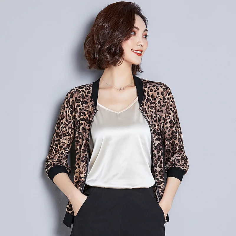 Leopard Print Khaki Женские куртки, большие размеры, короткие женские пальто на молнии, 3/4 рукав, в горошек с цветочным принтом, леопардовые весенне-осенние пальто, женская куртка-бомбер - Цвет: Leopard Print Khaki