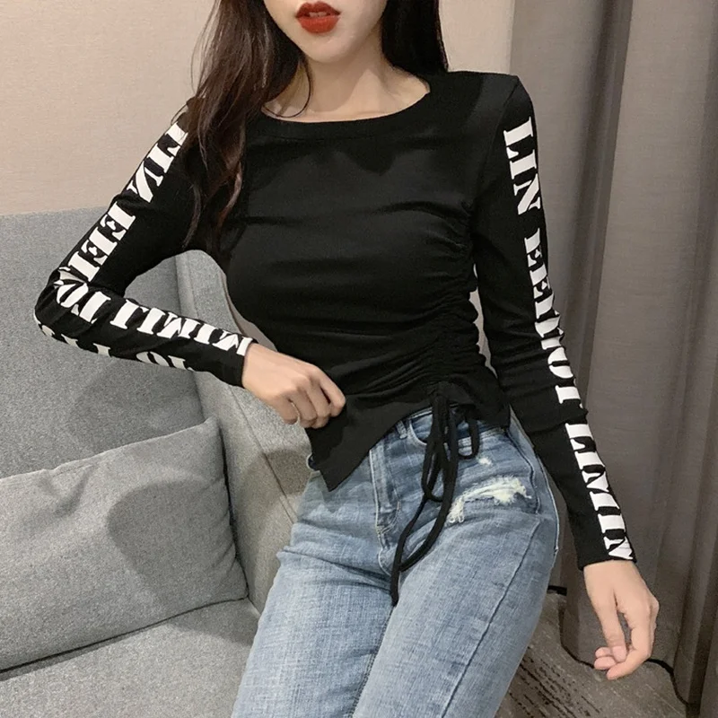 spring summer Tops Tees Women Drawstring Letter Print Hip Hop T Shirt Long Sleeve O-Neck Solid Stretch T-shirts For Women images - 6