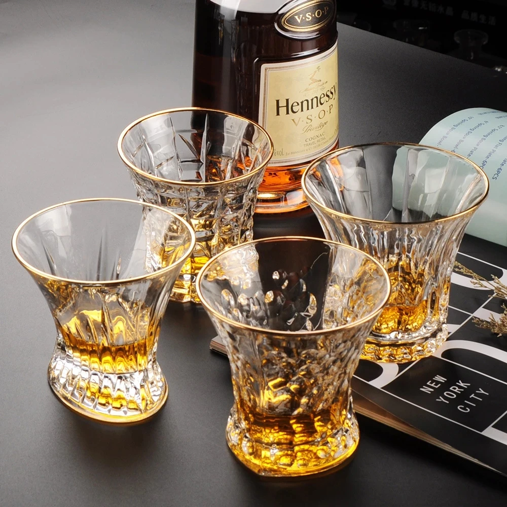 

European Crystal Outline In Gold Luxurious Whiskey Tumbler Old Fashioned Verre Whisky Glass Chivas Vodka Cup