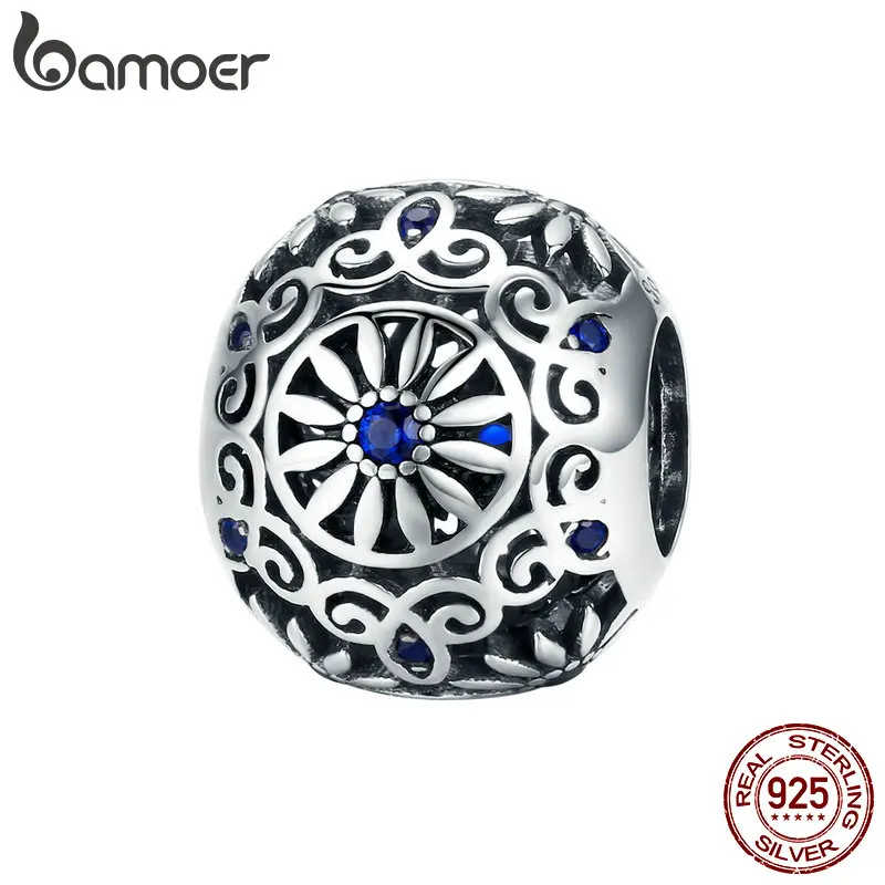 BAMOER винтажный 925 пробы Серебряный цветок ромашка круглая форма бусины талисманы подходят для женщин браслеты Винтажные Ювелирные изделия SCC1119