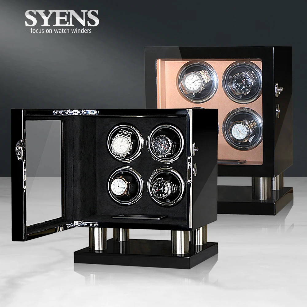 4 Watch Winders Wooden Black leather uhrenbeweg Silent Motor Rotator box Storage display Watches shaker case Luxury | Наручные часы