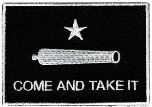 

Hot! COME AND TAKE IT BLACK FLAG PATCH TEXAS REVOLUTION IRON-ON EMBROIDERED GONZALES (≈ 8-5.7 cm)