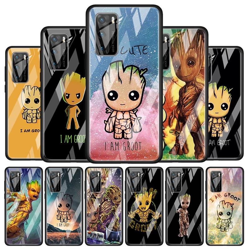 

Marvel Groot Art for Huawei P40 P30 Pro Plus P20 P10 Lite P Smart Z 2021 2020 2019 Luxury Tempered Glass Phone Case