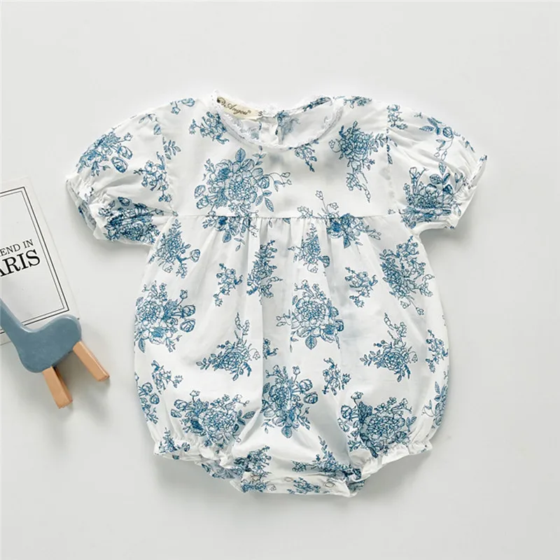 Summer Retro Baby Girls Romper Hand-painted Flower Infant Newborn Baby Jumpsuit Playsuit Baby Clothes