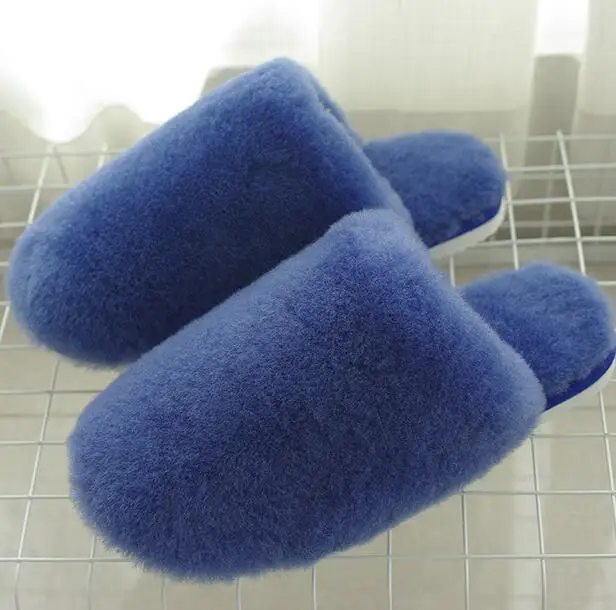 Royal Blue Зимние теплые меховые тапочки из натуральной овчины женская домашняя обувь Домашние тапочки Роскошные шерстяные тапочки женские повседневные Тапочки - Цвет: Royal Blue