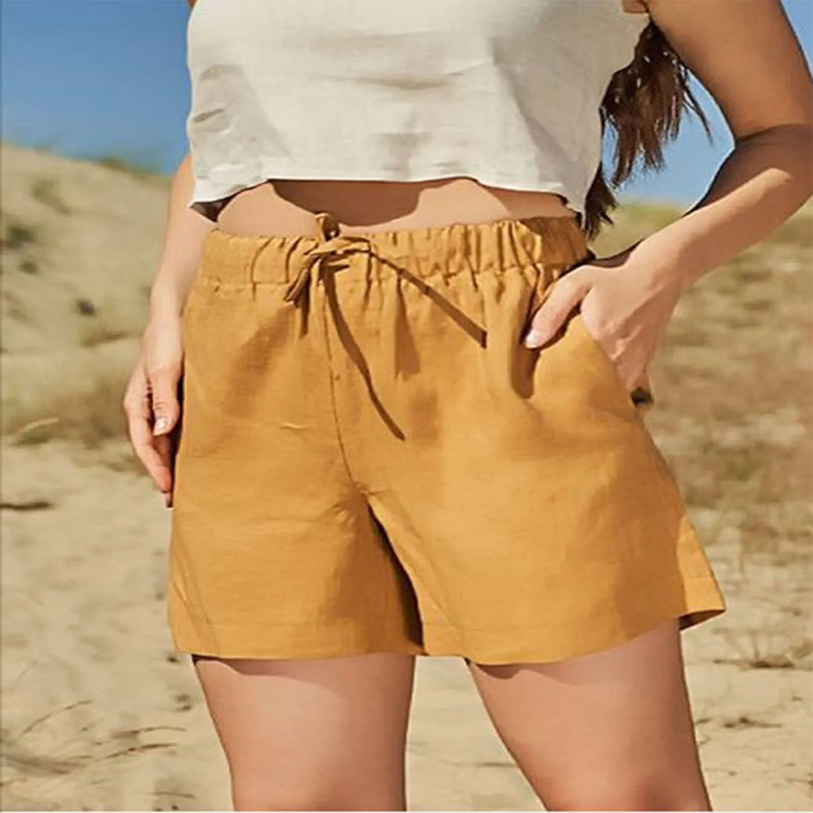 

Fashion Womens Casual Shorts Elastic Waist Solid Tie Rope Pocket Pants Multi-size Multi-color Ropa Summer Loose Shorts Solid