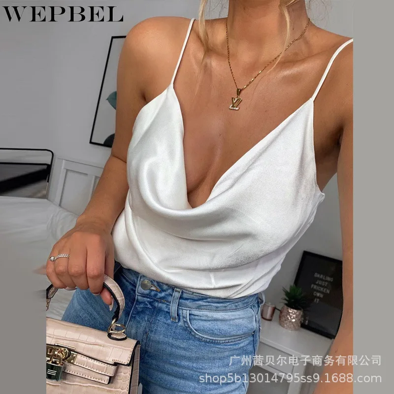 

WEPBEL Women's Sexy Solid Color Loose Camis Summer Fashion V-neck Spaghetti Strap Backless Tops