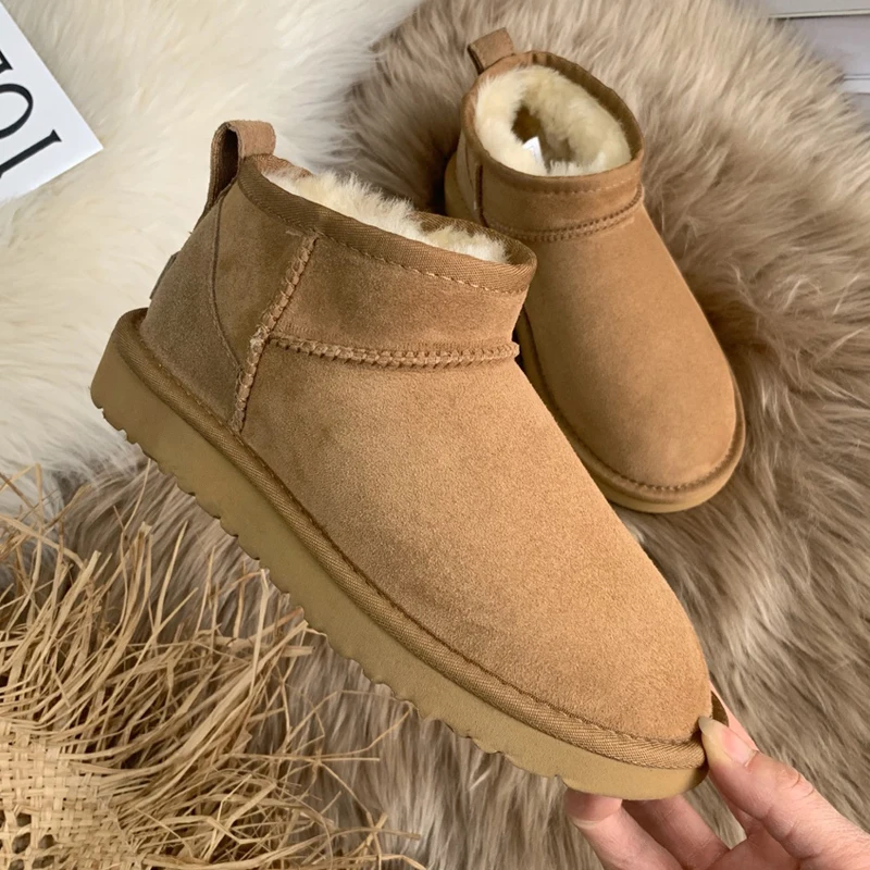 

New Winter Snow Boots Women Short Tube Sheepskin Ankle Boots Leather Warm Wool Platform Shoes Ladies Furry Boots Botas Mujer