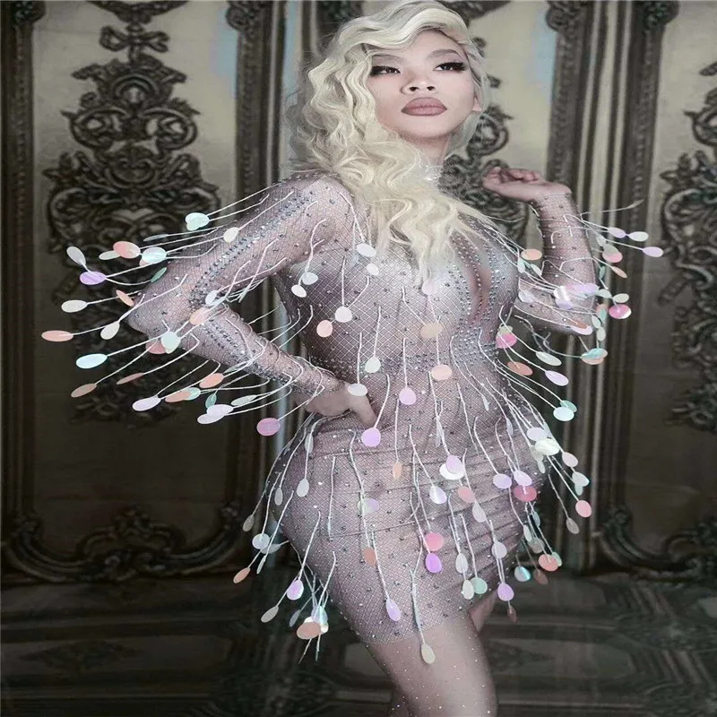 

S35 Singer stage wears dj costumes colorful sequins female stretch sexy pole dance dress rhinestones hip skirt crystal outfit ds