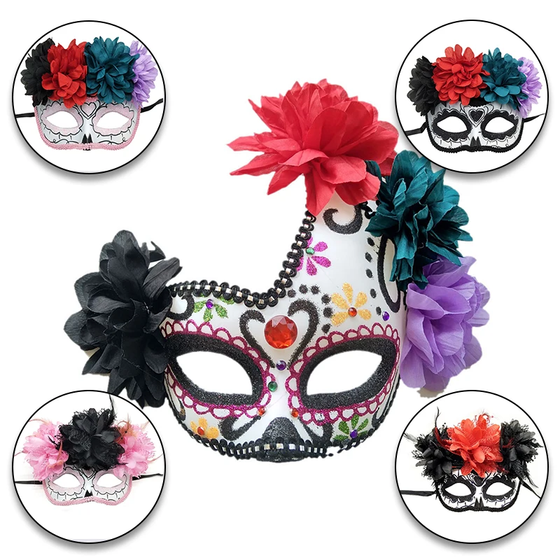 Halloween Cosplay Ghost Mask Scary Accessories Day of The Dead Artificial Rose Flower Women Masks Decoration