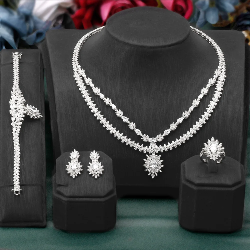 

4PCS Full Jewelr sets Classic Indian Bridal Necklace Earrings Bracelets Zircon For Dubai Women Birthday Gift Wedding Dresses