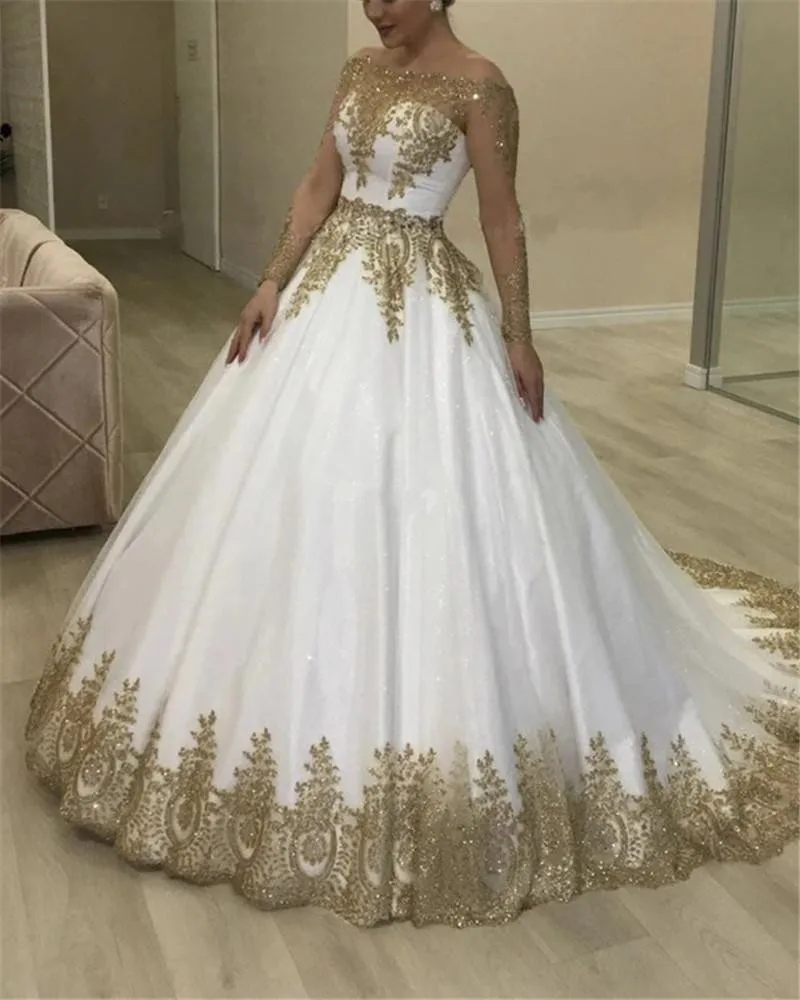 

Long Sleeve White Quinceanera Dresses with Golden Appliques Ball Gown Puffy Debut Gowns Formal Prom Off the Shoulder See Through