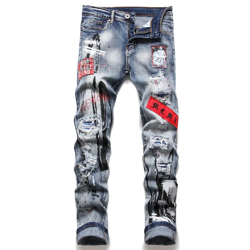 European American New Hole Pasted Cloth Retro Men's Jeans Micro Elastic Trim Paint Pants Motorcycle Nightclub Fashion Clothing