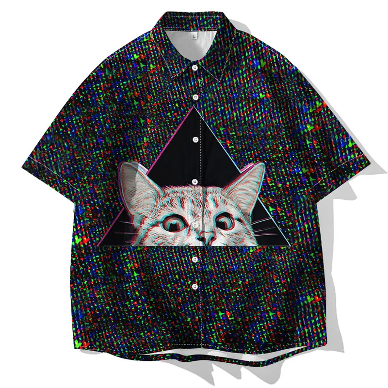 

Summer 2021 Trend 3D Digital Animal Cat Graphic Print Short-Sleeved Shirt Men Turn-Down Neck Casual Loose Streetwear Male Tops