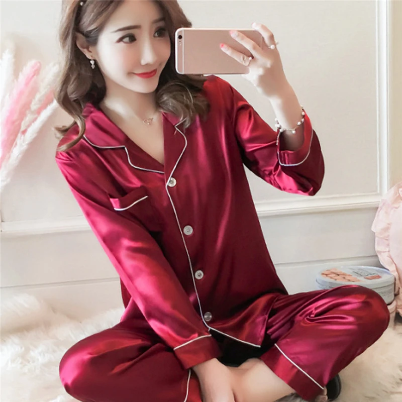 

Women's Pajamas Home Service Suit Ladies Loose Casual Solid Color Cardigan Long-Sleeved Quality Simulation Silk Pajama Set