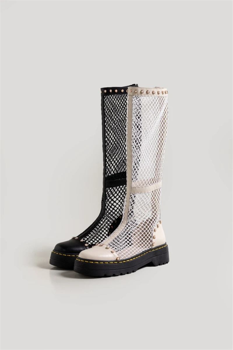 

Knee-High Mesh Platform Bottom Boots Comfortable Rubber Round Toe Women Zipper Shoes Cutout Breathable Martin Leisure Boots