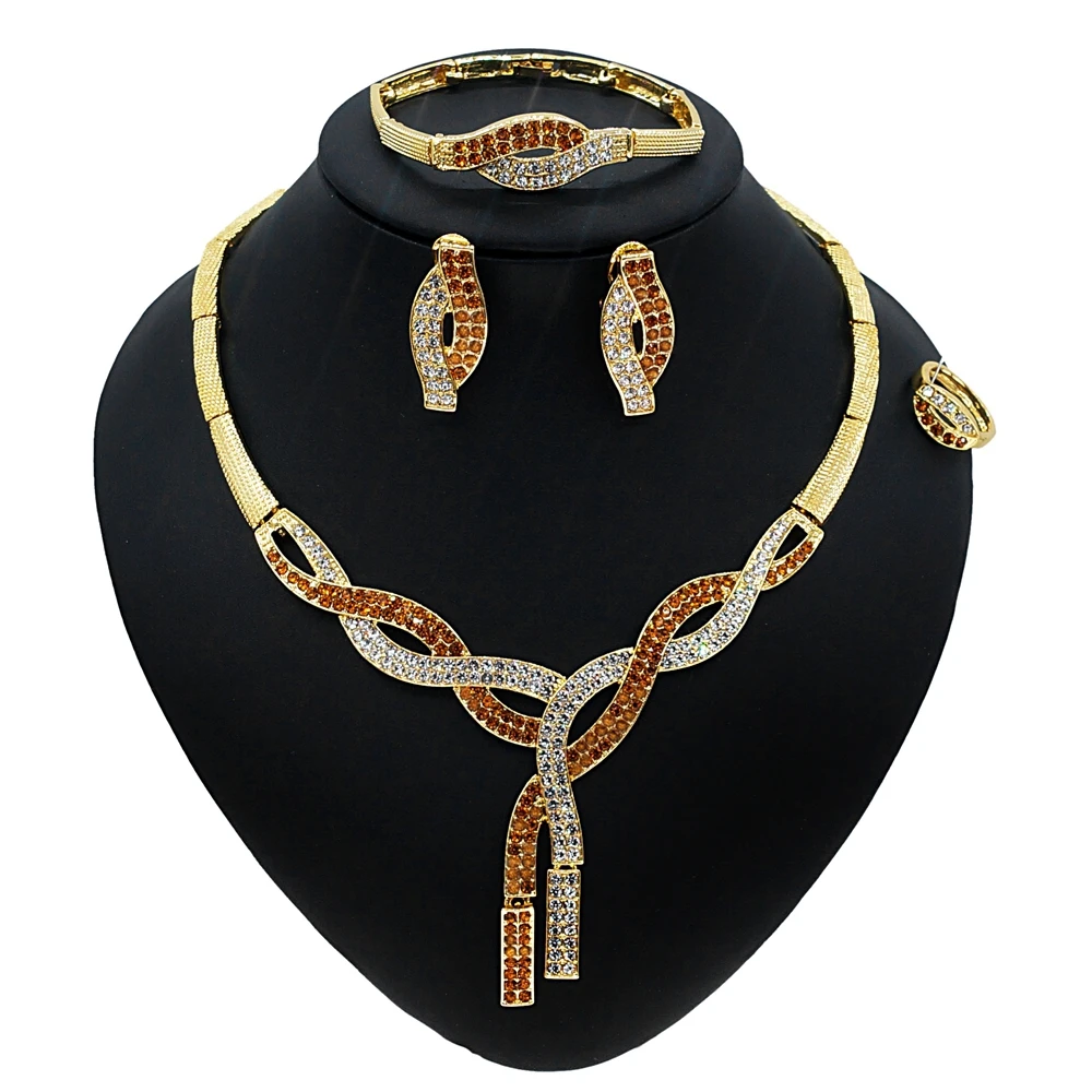 

Yulaili New Trendy Red Rhinestone Necklace Earrings Charm Brangle Ring Dubai Gold Jewelry Sets For Women Party Jewelery Set