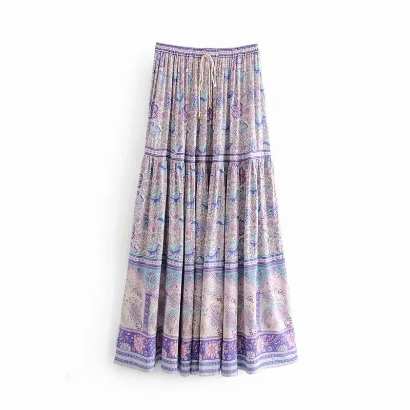 

Ladies hippie purple lilac positioning printing print elastic belt beach bohemian pleated skirt high stretch waist ruffle skirt
