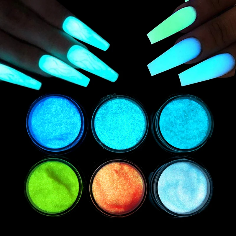 

6Pcs/Set Glow In Dark Acrylic Powder For Nail Extension Nails Decorations Luminous Dipping Nail Pigment Powder Manicure Supplies