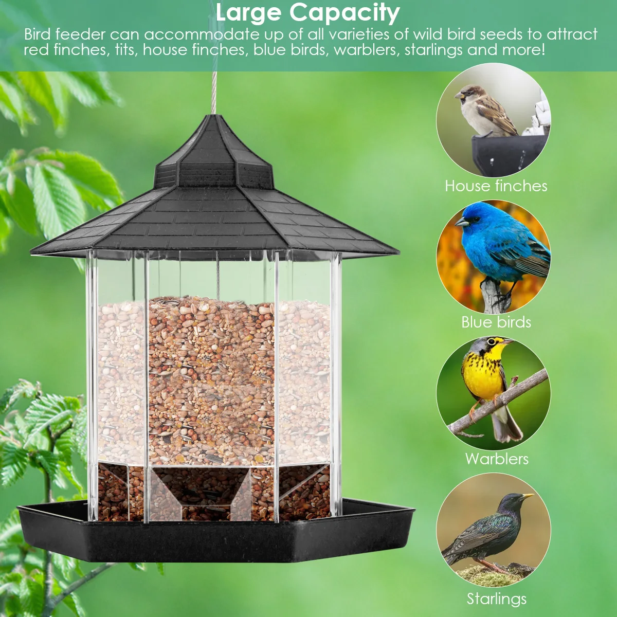 

Bird Feeder Plastic Hanging Bird Feeder with Roof for Outdoor Garden Patio Backyard