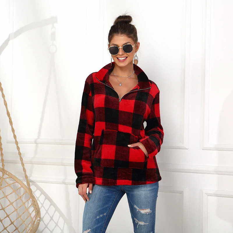 

Fashion Women Sweatshirt Stand Collar Pullover Casual Long Sleeve V Neck 1/4 Zip Up Plaid Print Loose Sweatshirt Streetwear