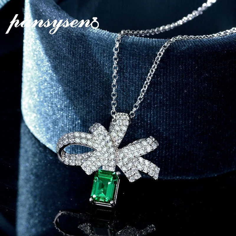 

PANSYSEN 2021 New Bowknot Solid 925 Sterling Silver Emerald Created Moissanite Gemstone Chain Pendant Necklace Luxury Party Gift